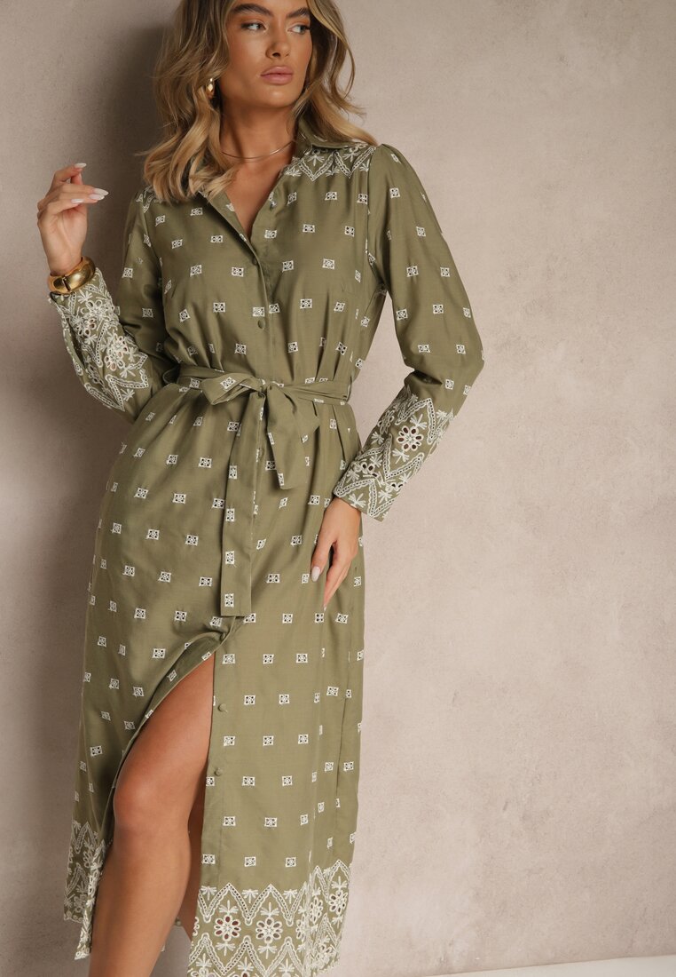 Rochie Cămașă Verde Decorată cu model brodat cu cordon în talie Tinnora