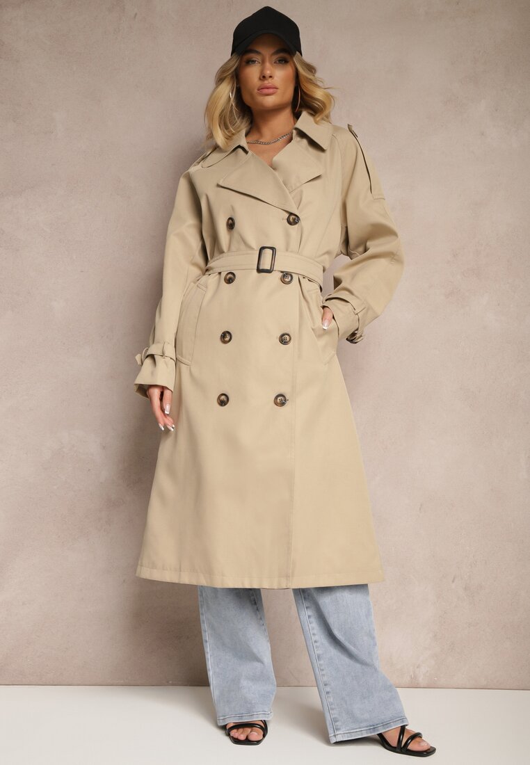 Palton Trenci Bej Oversize cu două rânduri de nasturi cu cordon Darinella