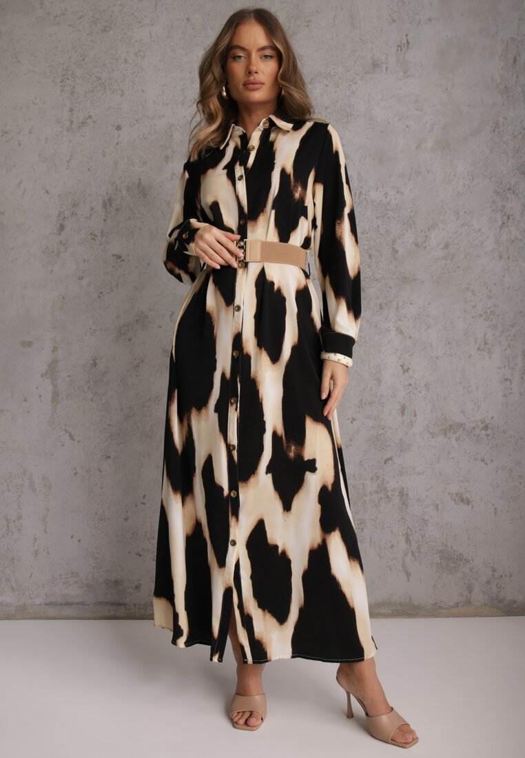Rochie Bej și Negru Tip cămașă animal print Accesorizată cu curea Valentola