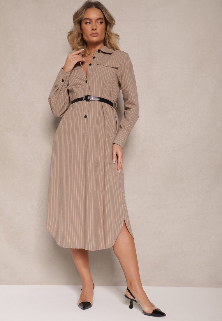 Rochie tip cămașă Bej închis cu nasturi, decorată cu imitație de buzunare și curea Tintorella