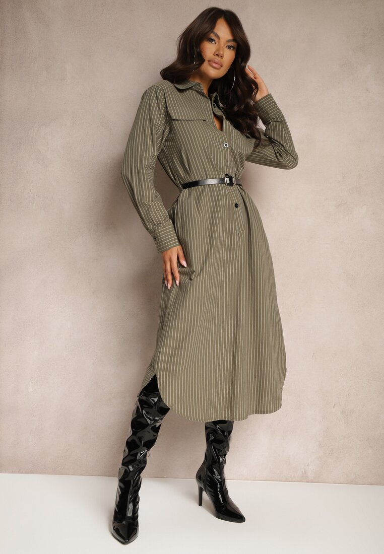 Rochie Verde tip cămașă decorată cu nasturi, imitație de buzunare și curea Tintorella