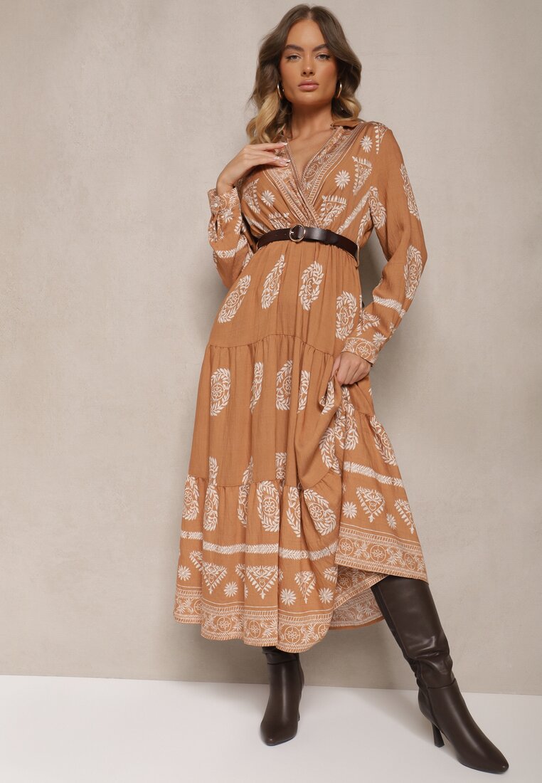 Rochie bej cu vâscoză și decolteu petrecut Mirilaine