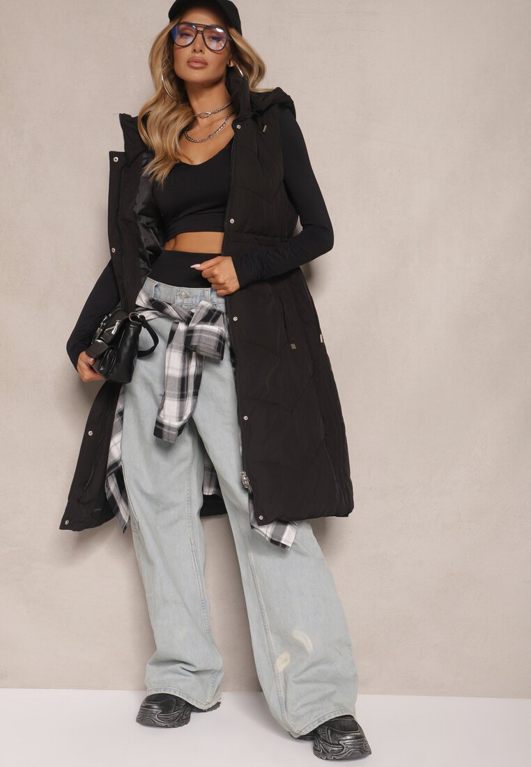 Vestă Matlasată Neagră cu Cordon în Talie și Glugă Detașabilă Aminstina