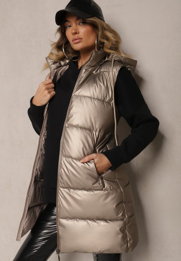 Vestă Aurie Cambrată De tranziție cu Cusături Matlasate și Glugă Tintella