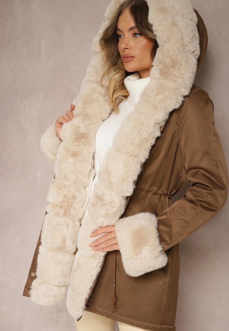 Geacă Bej-Maro Tip Parka cu Glugă Decorată cu Blană Detașabilă Valinora