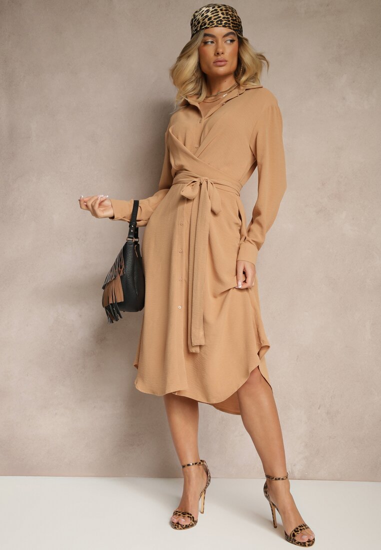 Rochie Bej închis Midi cu guler și curea din material Rasik