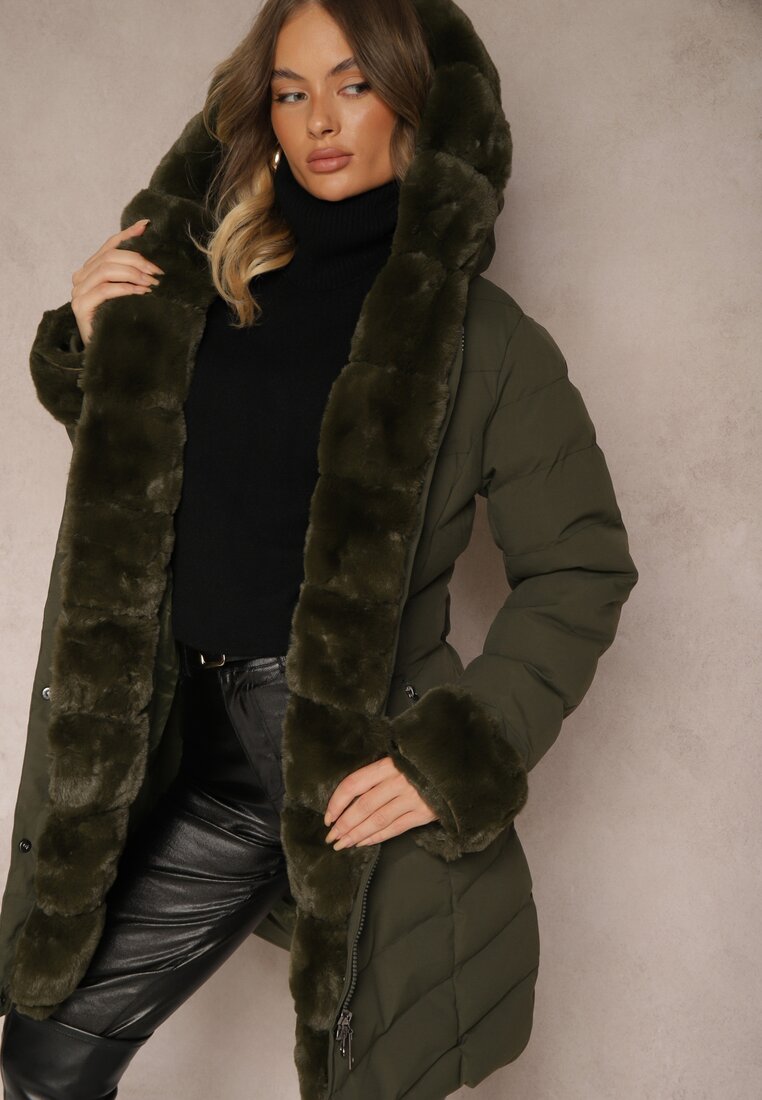 Geacă verde închis cu cusături matlasate, gros căptușită, cu curea și blană detașabilă Hedista