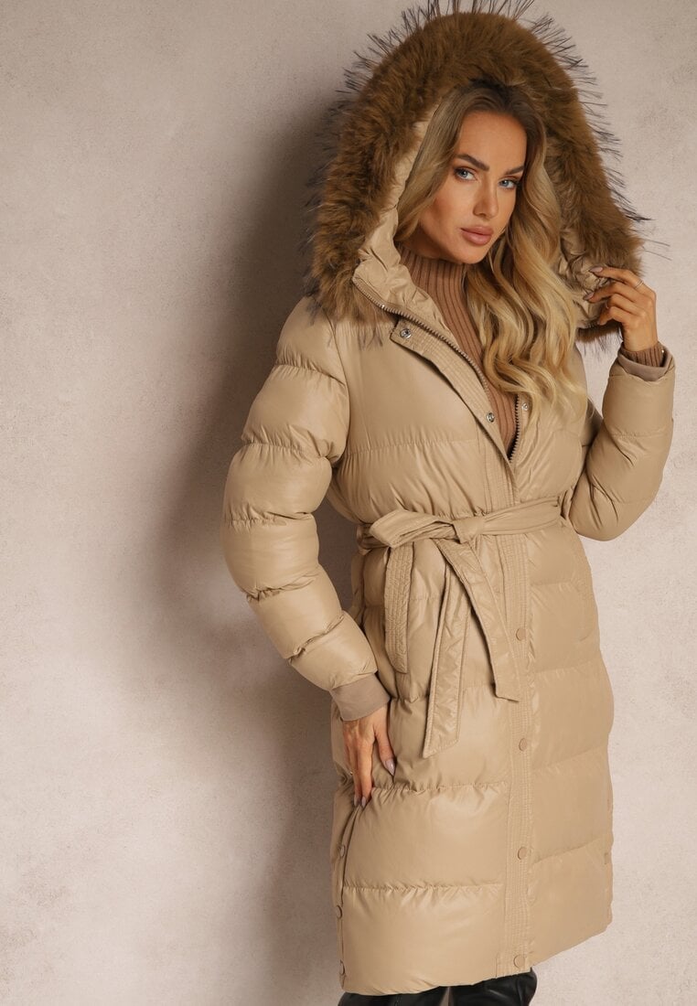 Geacă Bej Matlasată Lungă cu Glugă Strânsă în Talie cu Blană Detașabilă Phorira