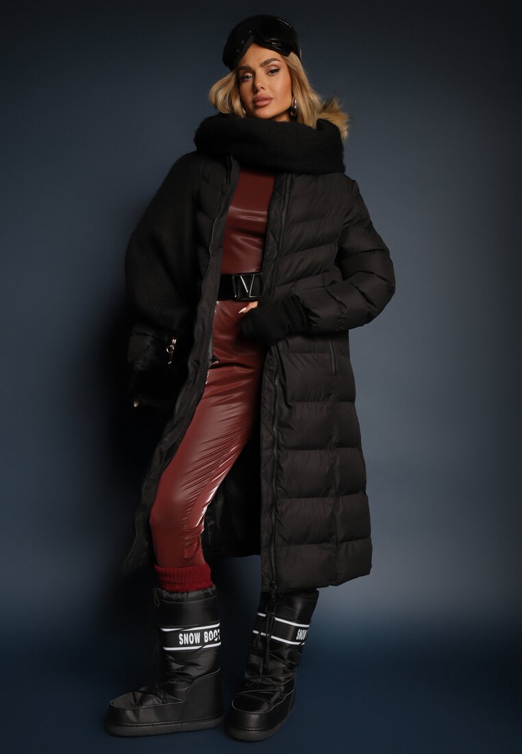 Geacă Neagră de Iarnă cu Cusături Matlasate și Glugă cu Blană Alirina