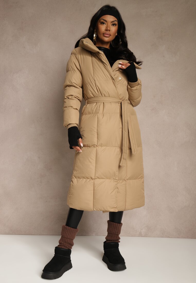 Geacă lungă bej închisă cu cusături matlasate, glugă și curea legată Zalirra