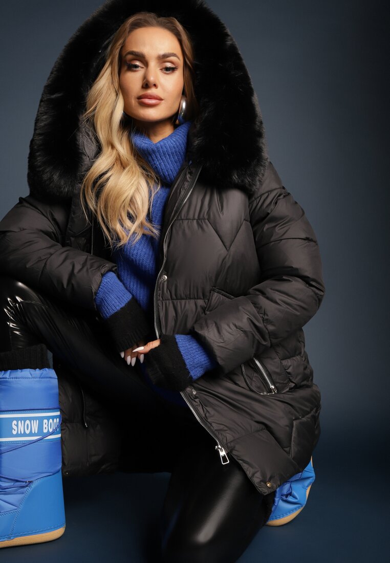 Geacă Neagră Tip Cutie Matlasată Decorată Cu Blană Detașabilă și Fermoar Hedizelle