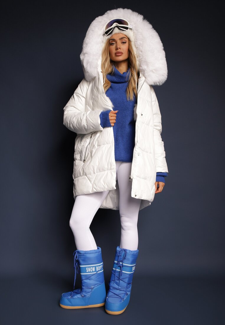 Jachetă Stil Boxy Albă Matlasată Decorată Cu Blană Detașabilă și Cu Fermoar Hedizelle