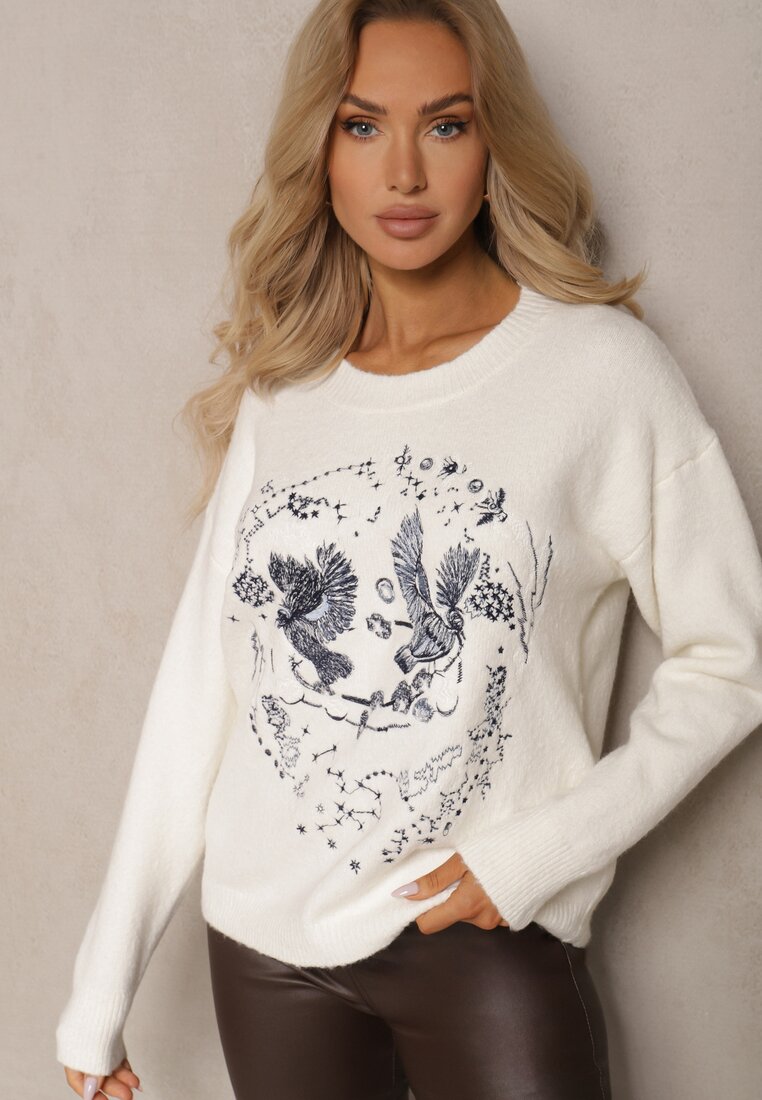 Pulover Bej deschis Decorat cu Model brodat cu Păsări Inarielle