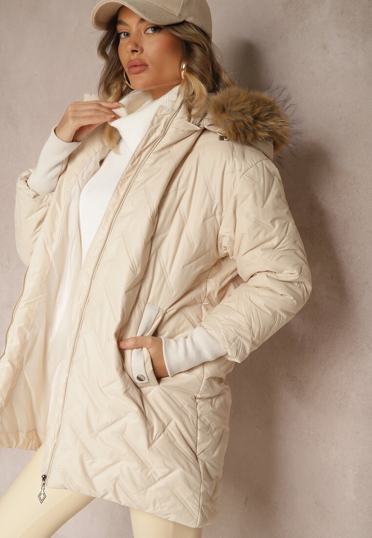 Kurtka Jasnobeżowa cu Model Matlasat, Manșete Elastice, Blană Detașabilă și Glugă Ellithri
