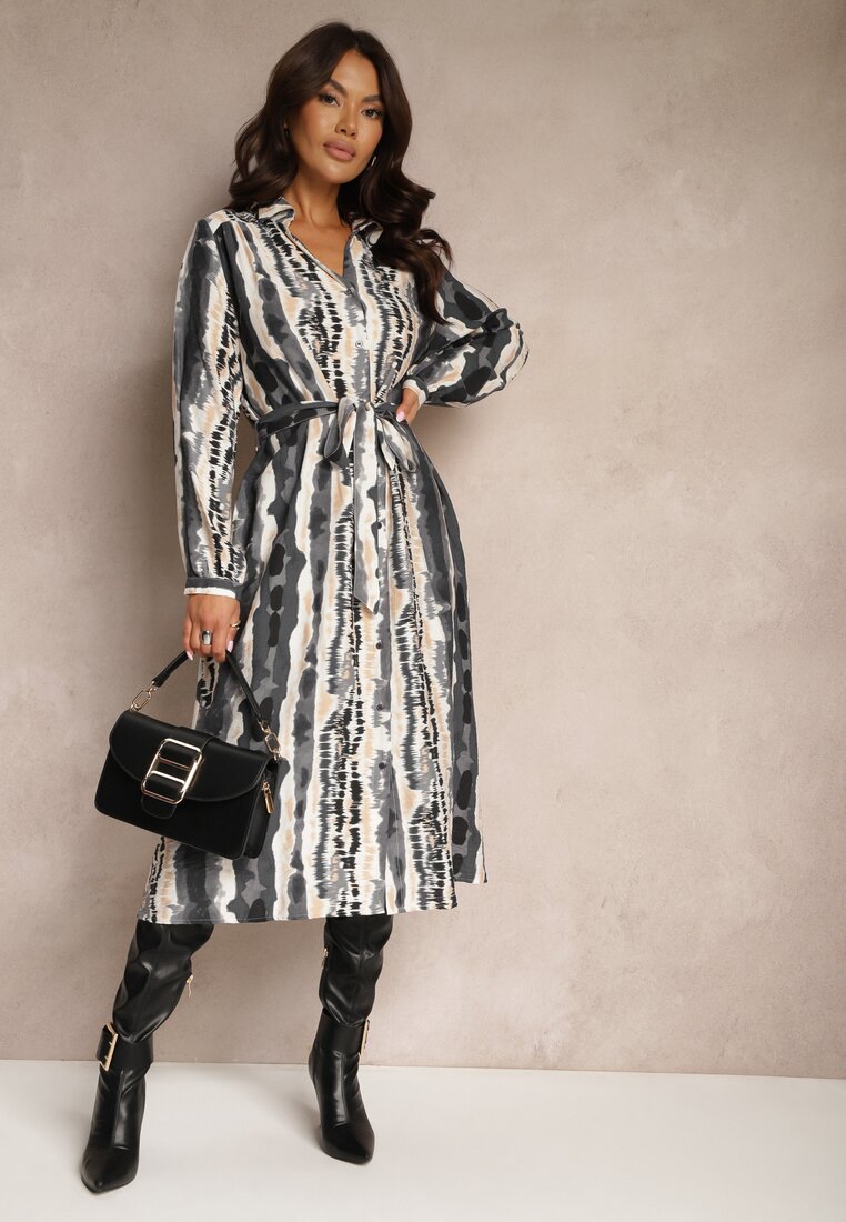 Rochie cămașă Gri din Viscoză Decorată cu o Cureaua din Material Elliorwen