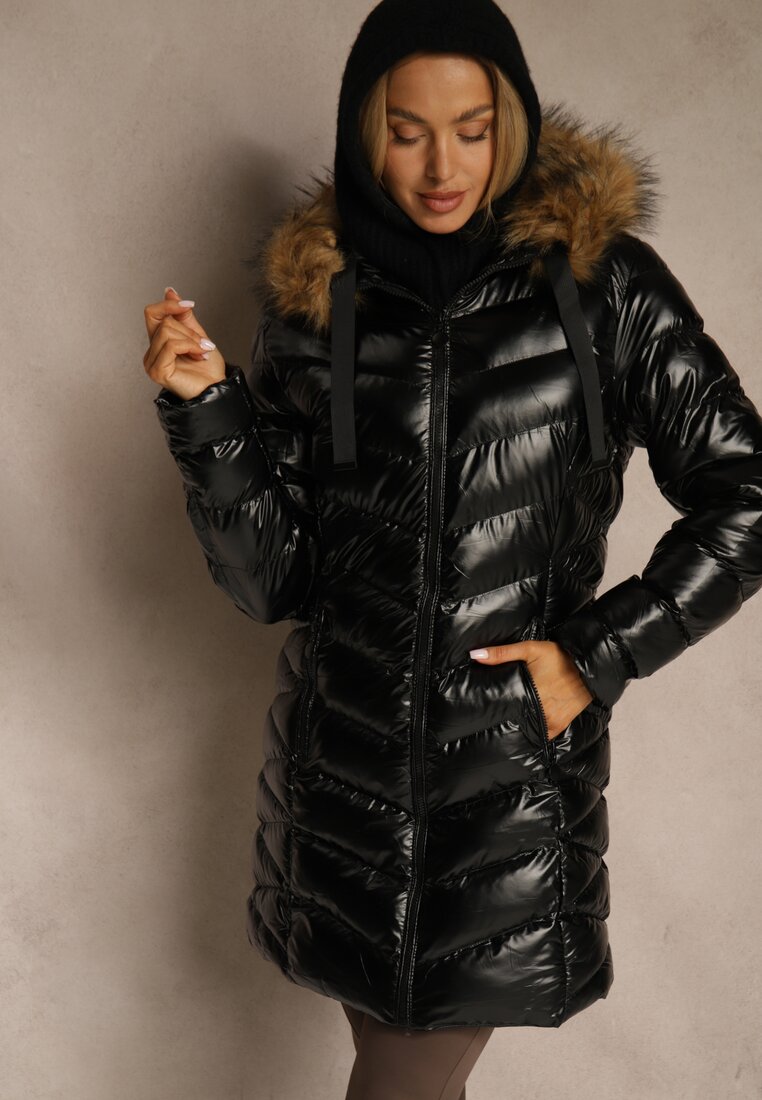 Jachetă Negru-Maro Matlasată Lungă Decorată cu Șnururi și Blană Detașabilă Lorrina