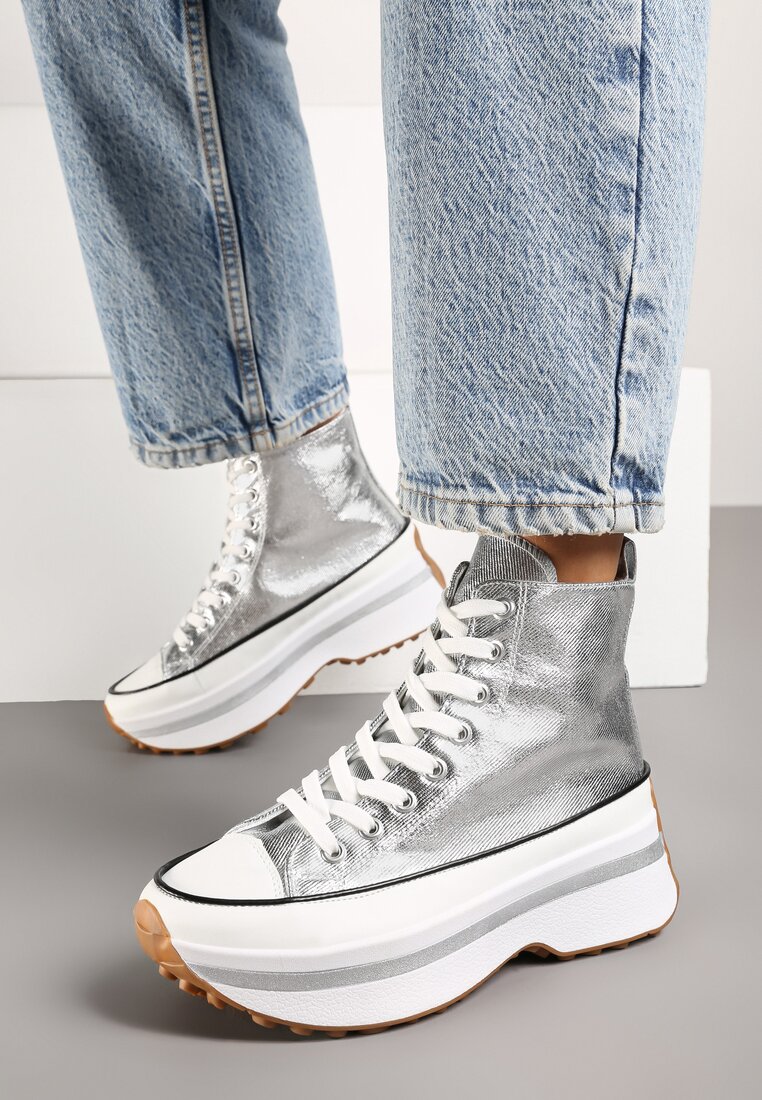 Teniși Argintii Cu Șireturi Până la Glezna Cu Platformă Ealsevia