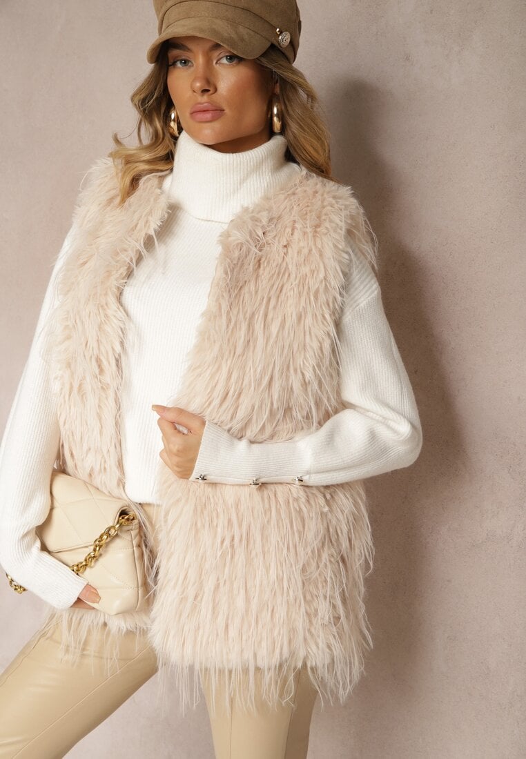 Vestă de blană Bej deschis croială dreaptă cu buzunare Venialith