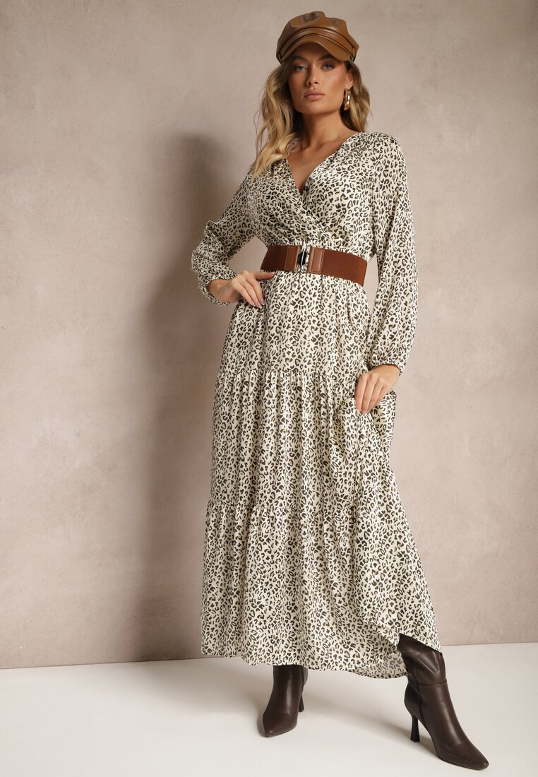 Rochie Bej și Verde Petrecută cu imprimeu leopard, evazată, decorată cu centură cu cataramă Rinalia