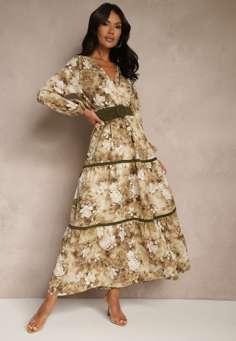 Rochie Bej Evazată cu Decolteu Petrecut cu Volane și Curea Fezisha