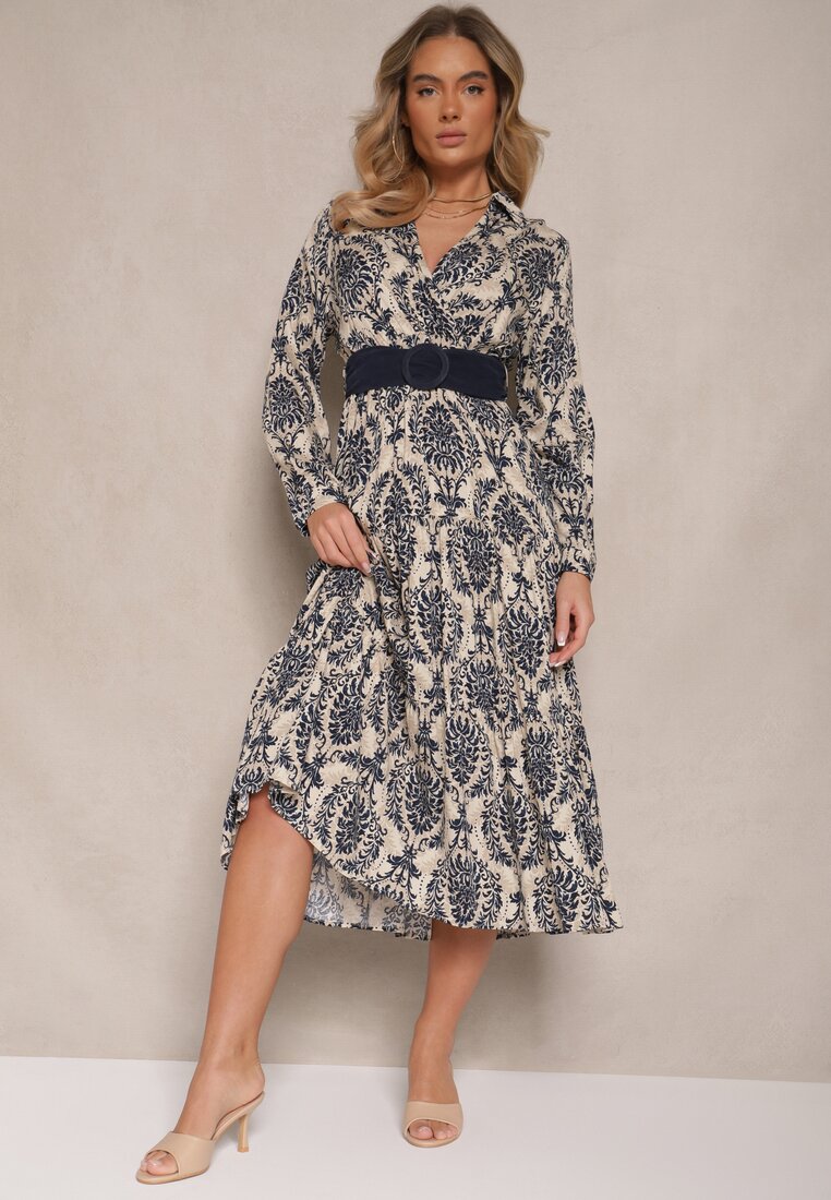 Rochie bleumarin-bej cu decolteu petrecut din viscoză și motiv boho decorată cu o curea Rinnaria