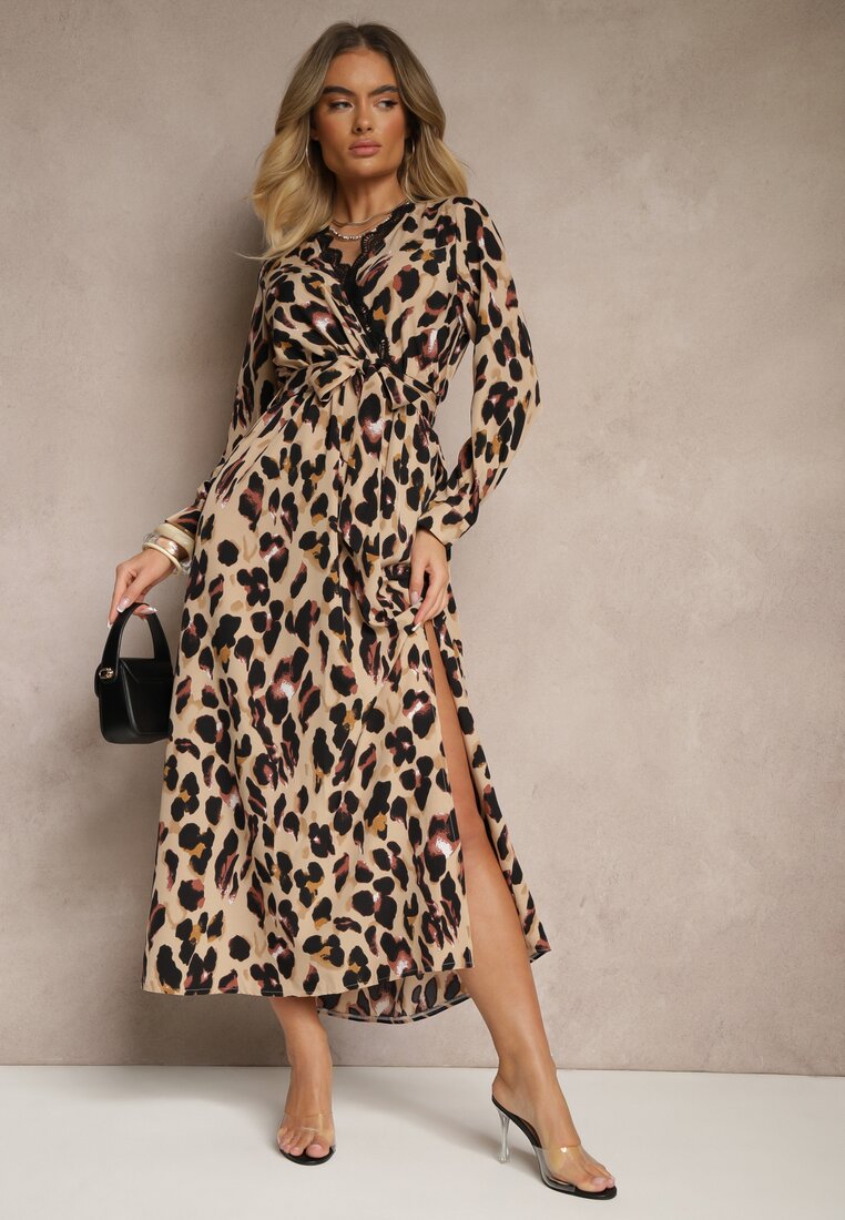 Rochie maro leopard cu decolteu petrecut, dantelă, curea și elastic în talie Siavindra