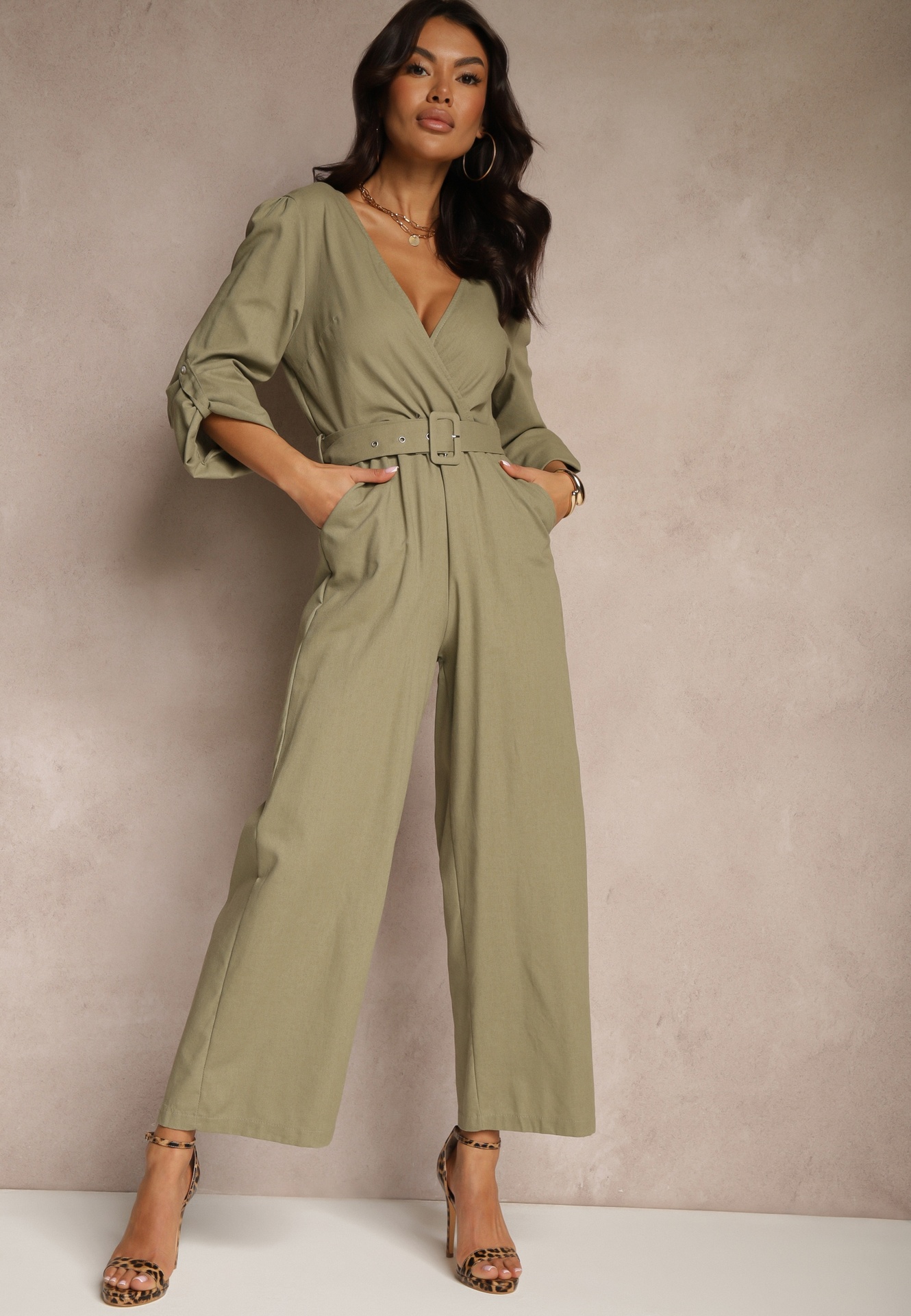 Salopetă Petrecută Verde din Bumbac cu Cordon Suplimentar și Elastic în Talie Rinnarela