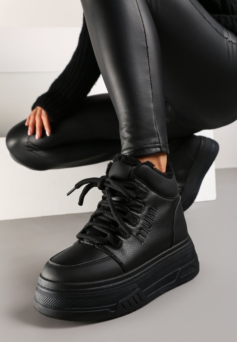Adidași Negri cu Talpă Groasă Puternic Căptușiți cu Blană Leavinael