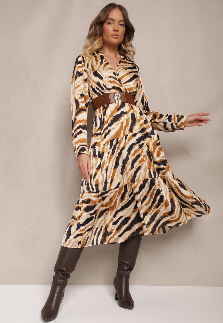 Rochie Bej Imprimată cu croi petrecut evazat cu curea și elastic Zinravia