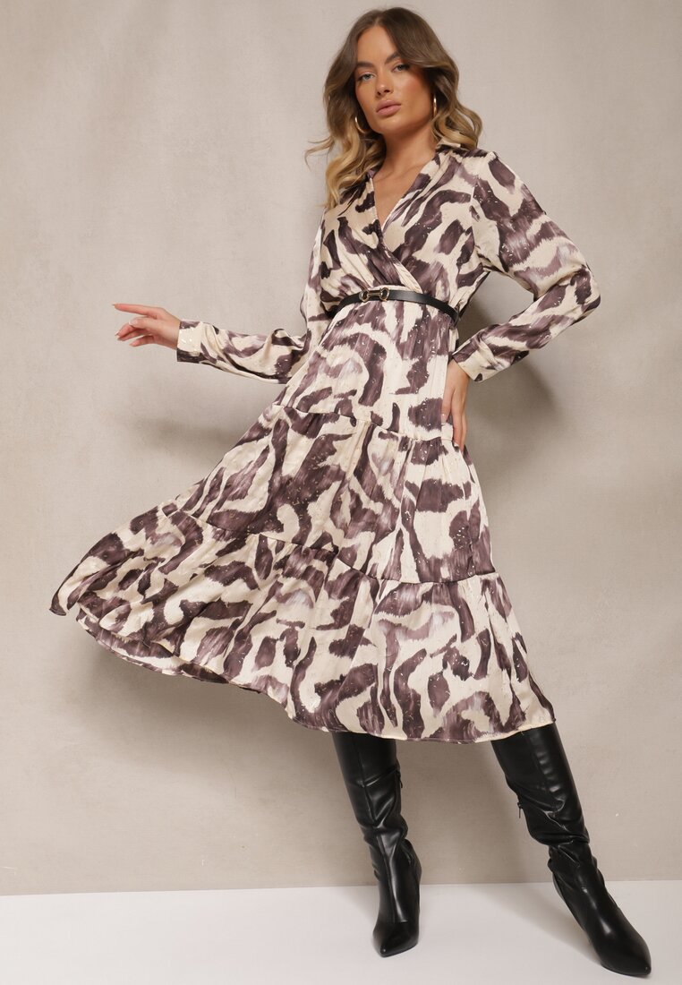 Rochie Maro Imprimată Petrecută cu curea și elastic în talie Zinnerva