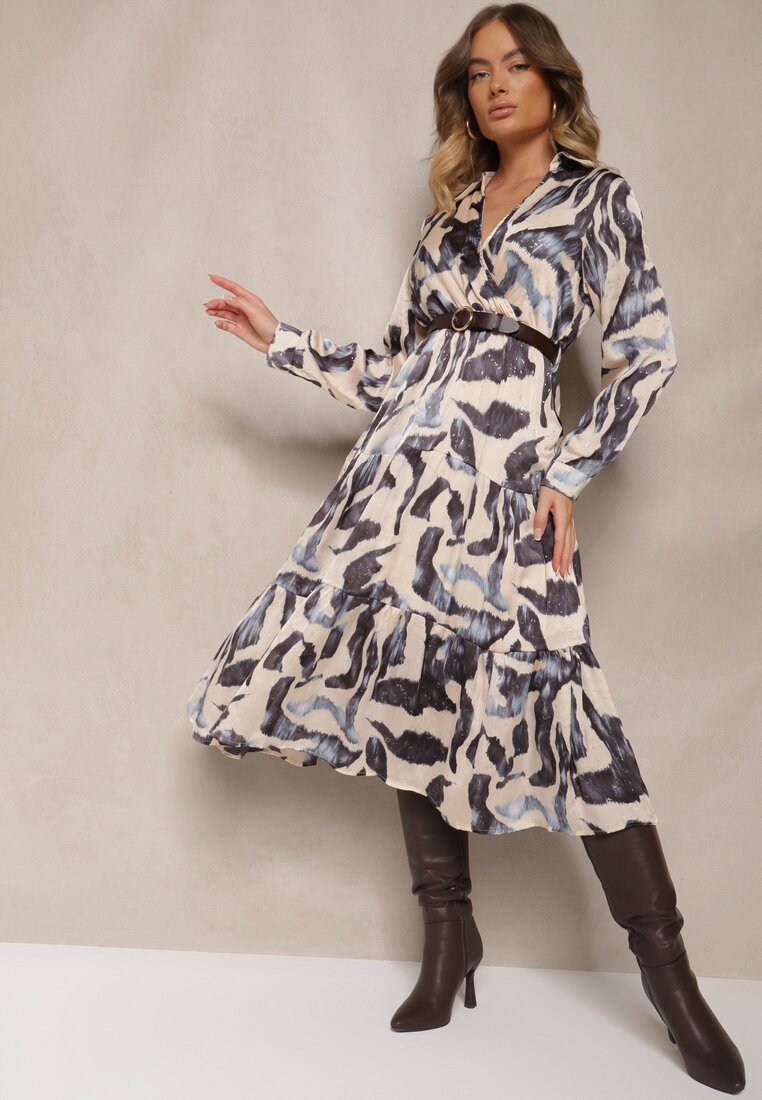 Rochie bej-gri cu model cu croială petrecută cu cordon și elastic în talie Zinnerva