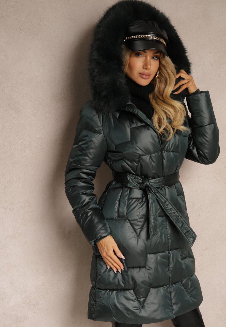 Geacă Lungă Matlasată Verde închis cu Guler Detașabil și Curea Rinarella
