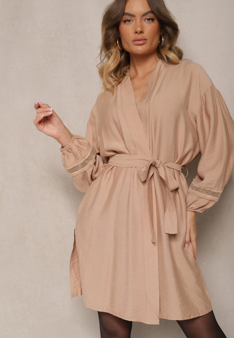 Rochie Bej de Viscoză Kimono cu Buzunare și Inserții Perforate Decorative Salanora