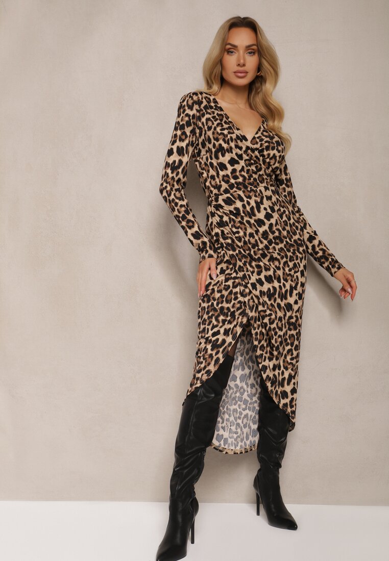Rochie Bej închis Imprimeu Leopard Ajustată Încrucișată cu Elastic în Talie Nikizia