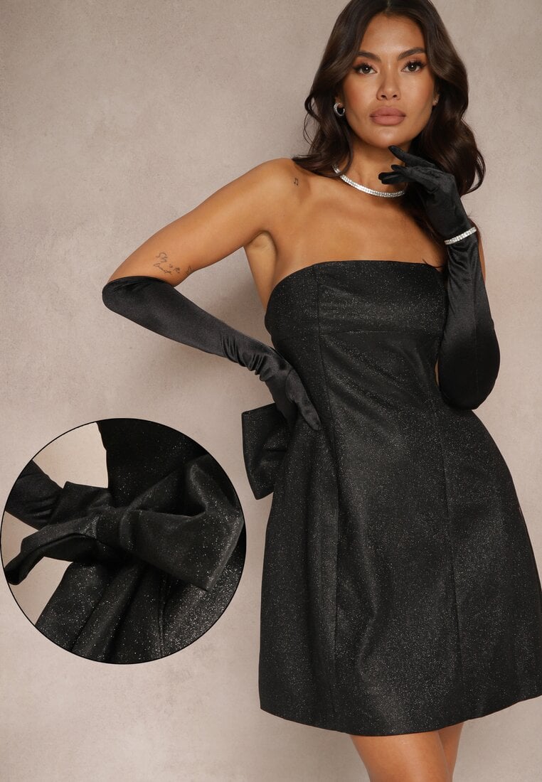 Rochie de cocktail Neagră Fără bretele Cambrată cu Sclipici și Fundă Salindria