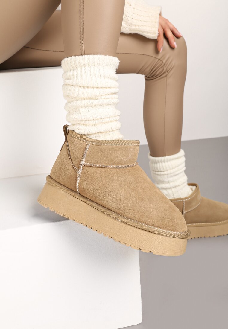 Cizme de zăpadă Bej din piele întoarsă cu talpă groasă Mazinae