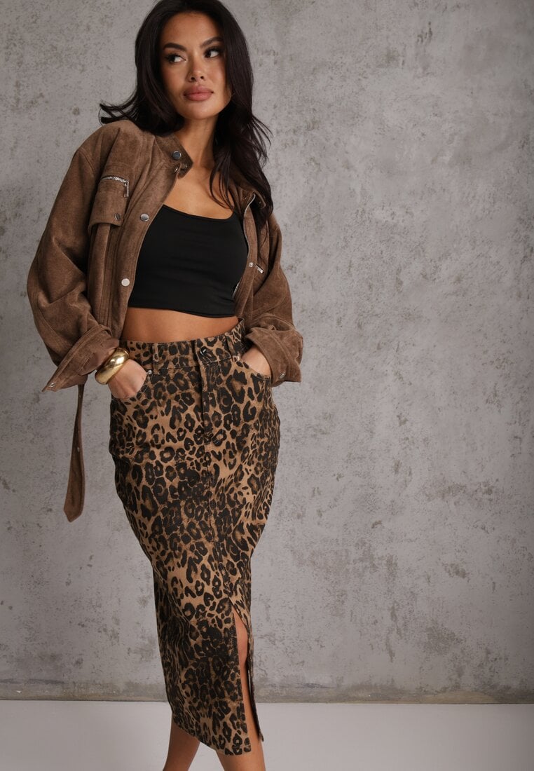 Fustă maro din bumbac cu imprimeu leopard cu talie înaltă și șliț frontal Harilie