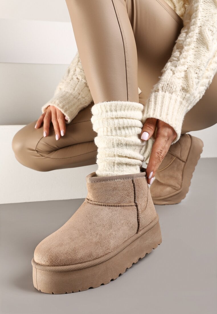 Ghete de zăpadă bej închis din imitație de piele întoarsă pe platformă cu carâmb scurt Reanirae