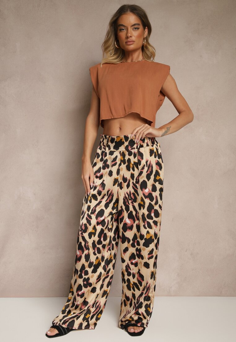 Pantaloni Roz-Bej Imprimeu leopard cu croială largă Paper Bag High Waist Saliandra