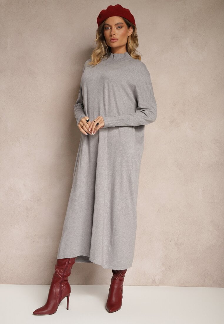 Rochie Pulover Gri deschis cu Guler înalt și Vâscoză cu Croi tip cutie Alirinna