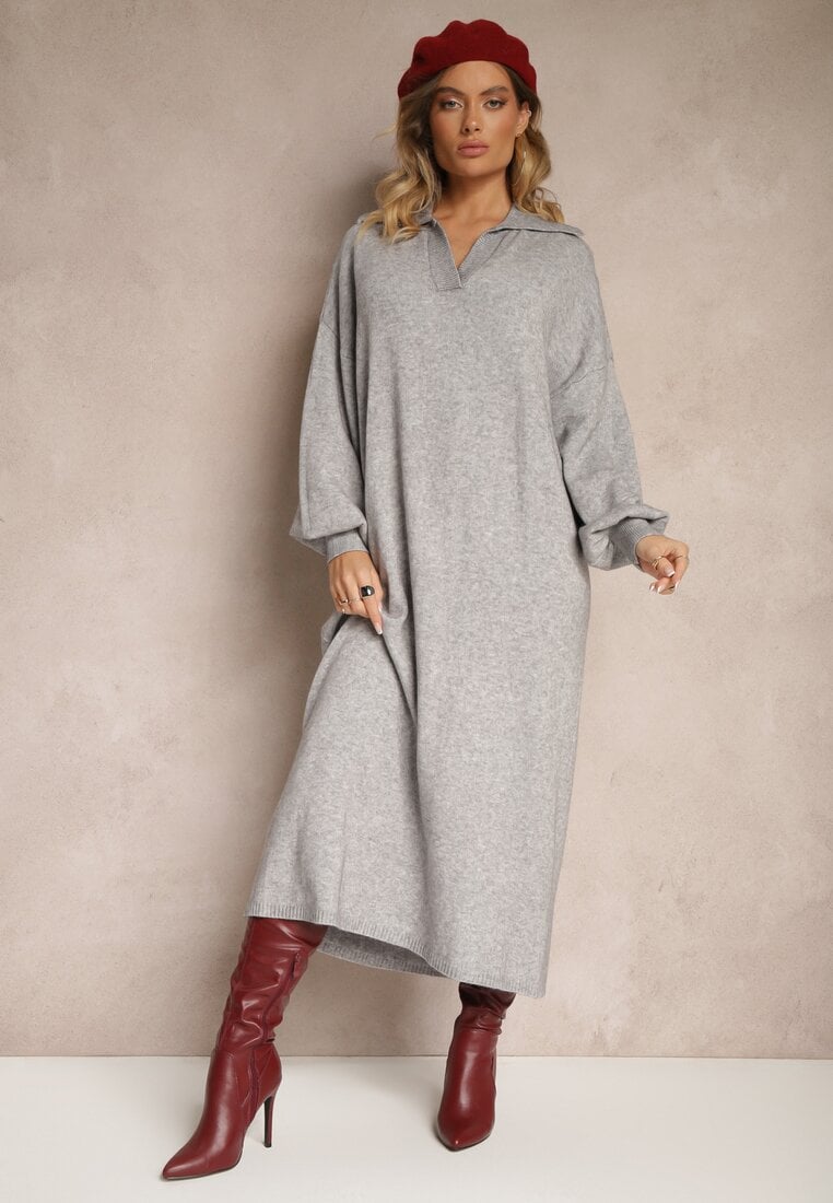 Rochie Gri model cutie tip pulover din Vâscoză cu Mâneci Largi și Guler Rinfera