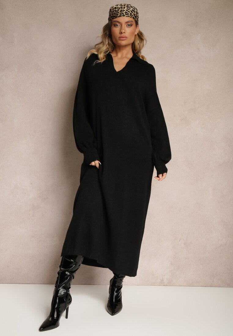 Rochie Pulover Neagră, croială dreaptă, cu vâscoză, mâneci largi și guler Rinfera