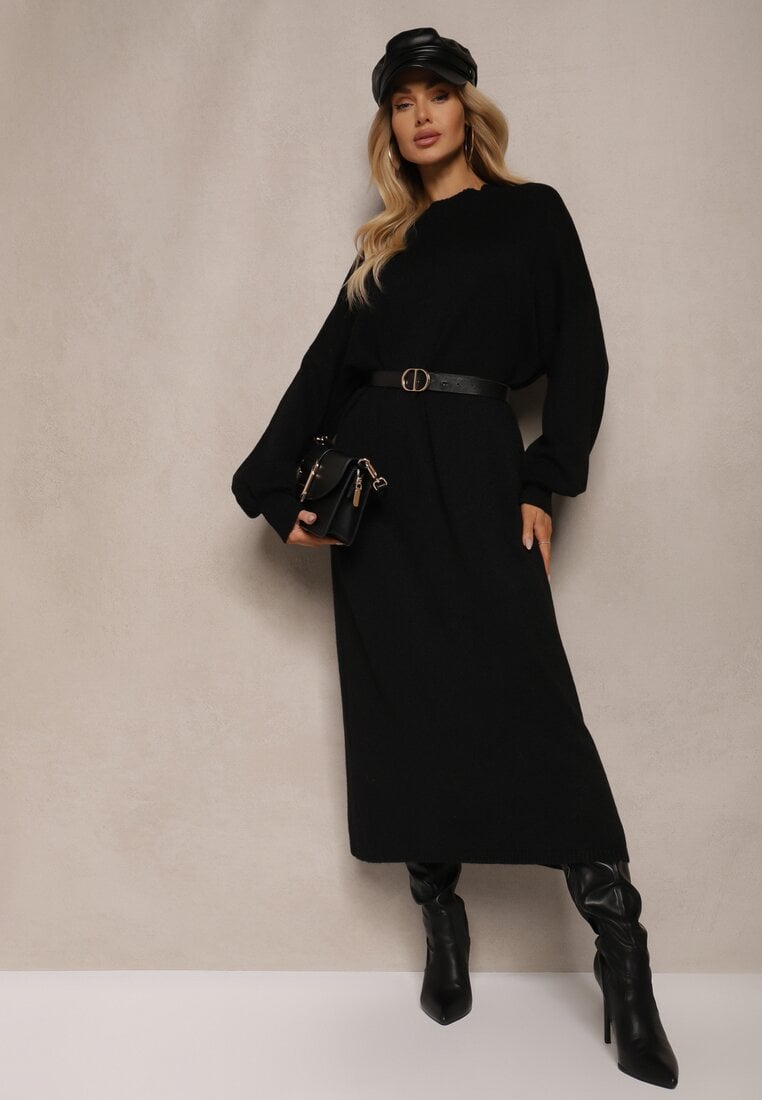 Rochie Pulover Neagră cu Guler semi-înalt și Viscoză, cu Croială boxy Salithra