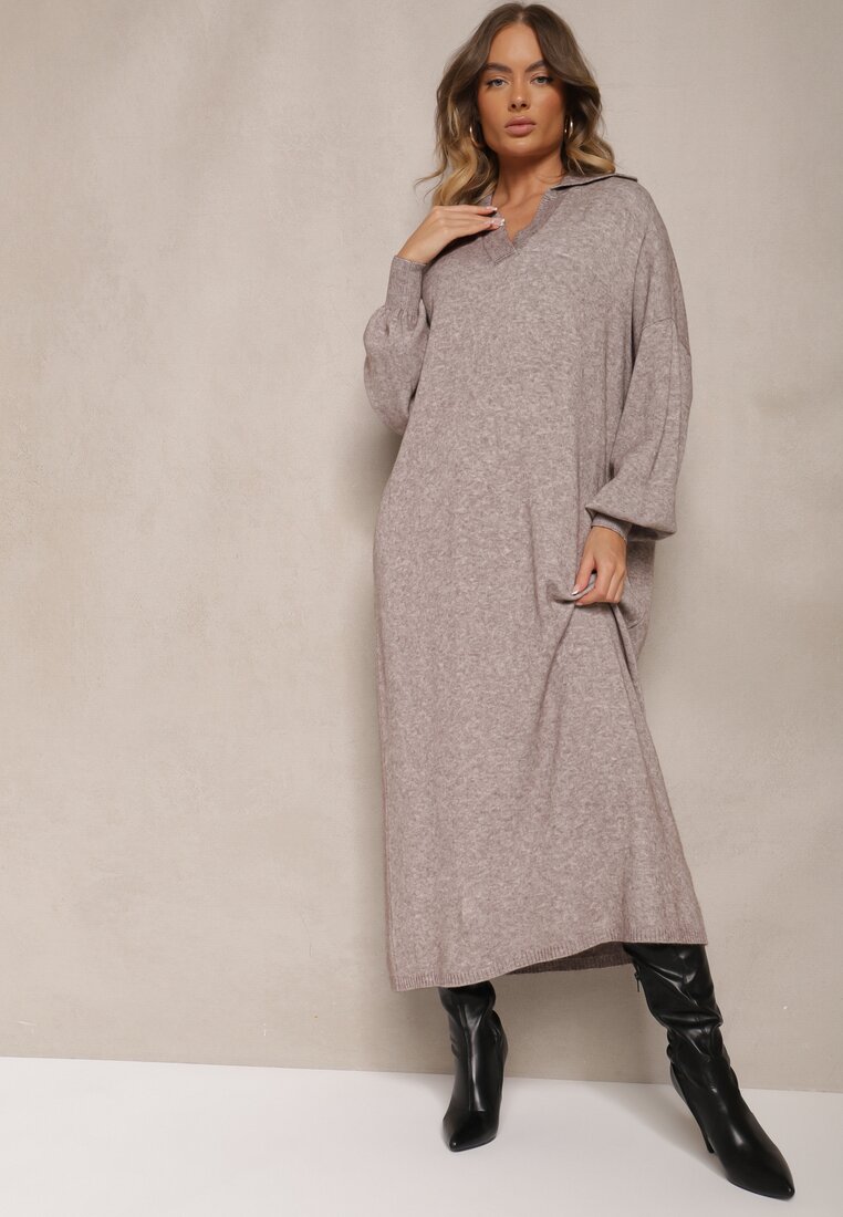 Rochie pulover Bej din viscoză cu croială tip cutie ornată cu guler Clarinnae