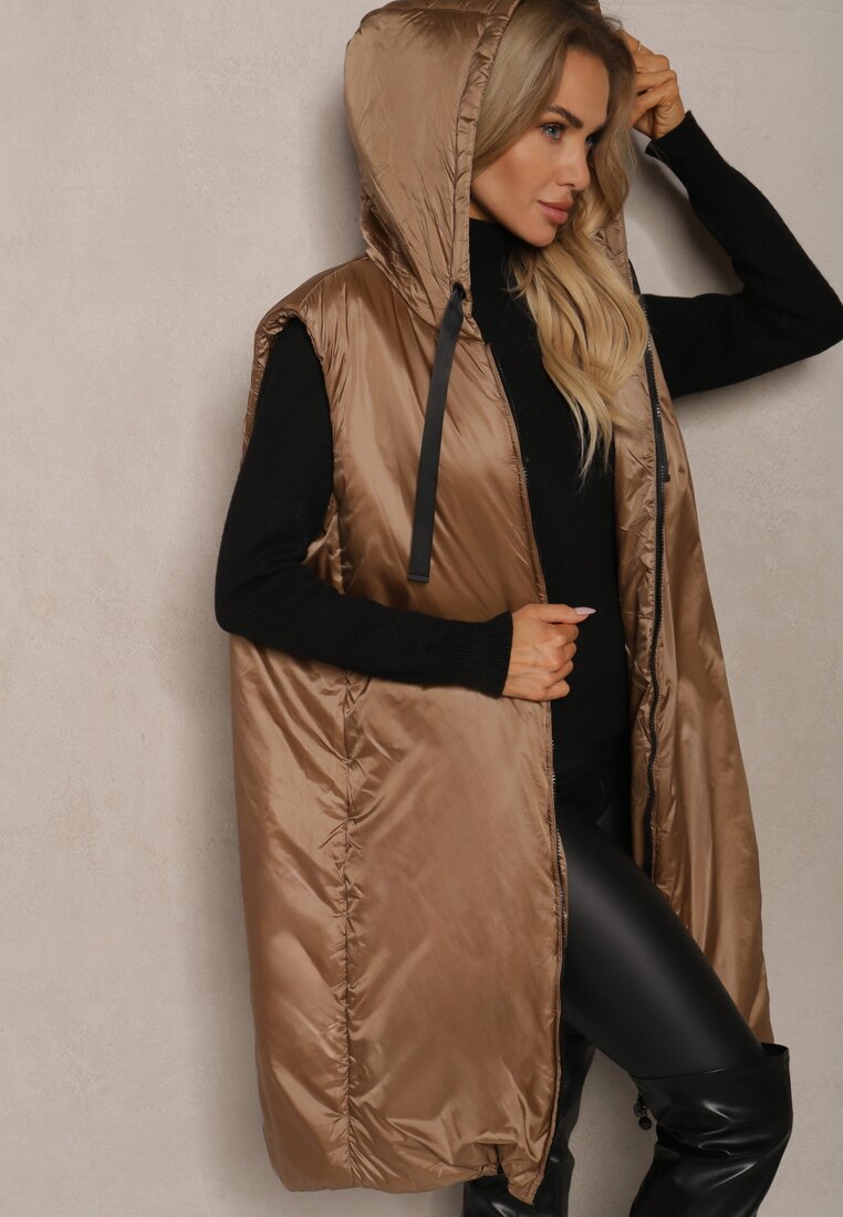 Vestă Lungă Bej închis cu croială simplă cu fermoar Nikiala