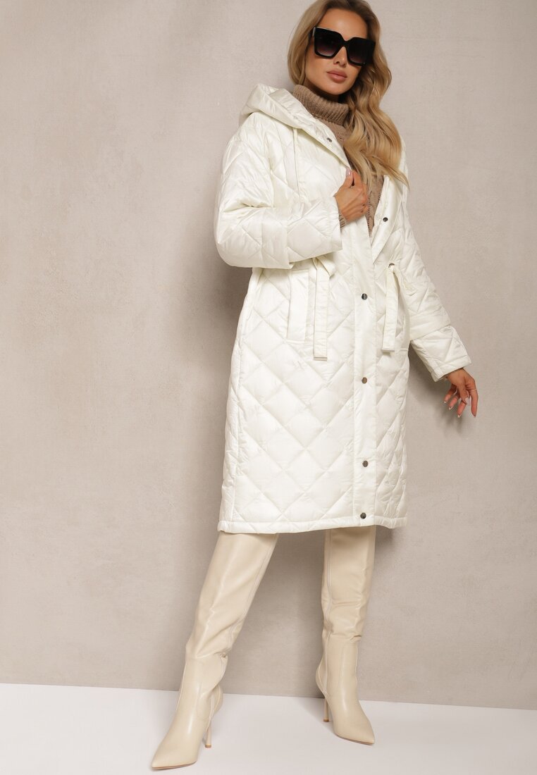 Geacă Lungă Bej deschis cu Glugă și Curea în Talie Decorată cu Cusături Matlasate Nikilya