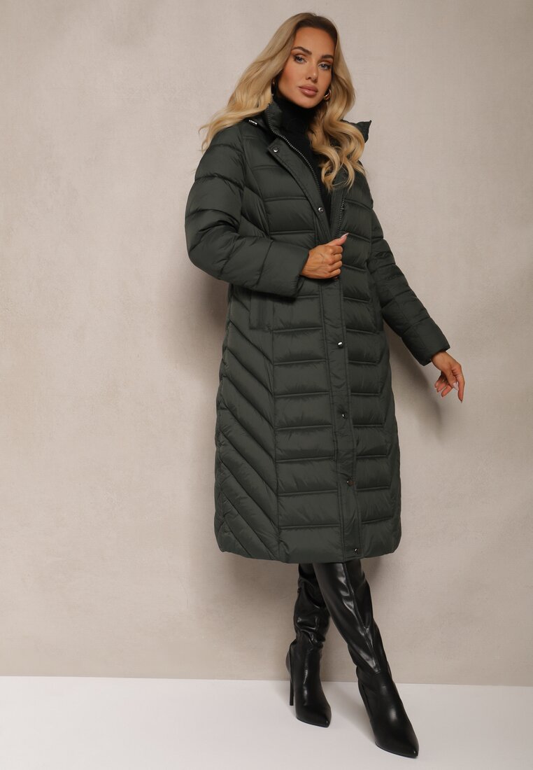 Geacă lungă Verde închis cu cusături matlasate și glugă detașabilă Realithra