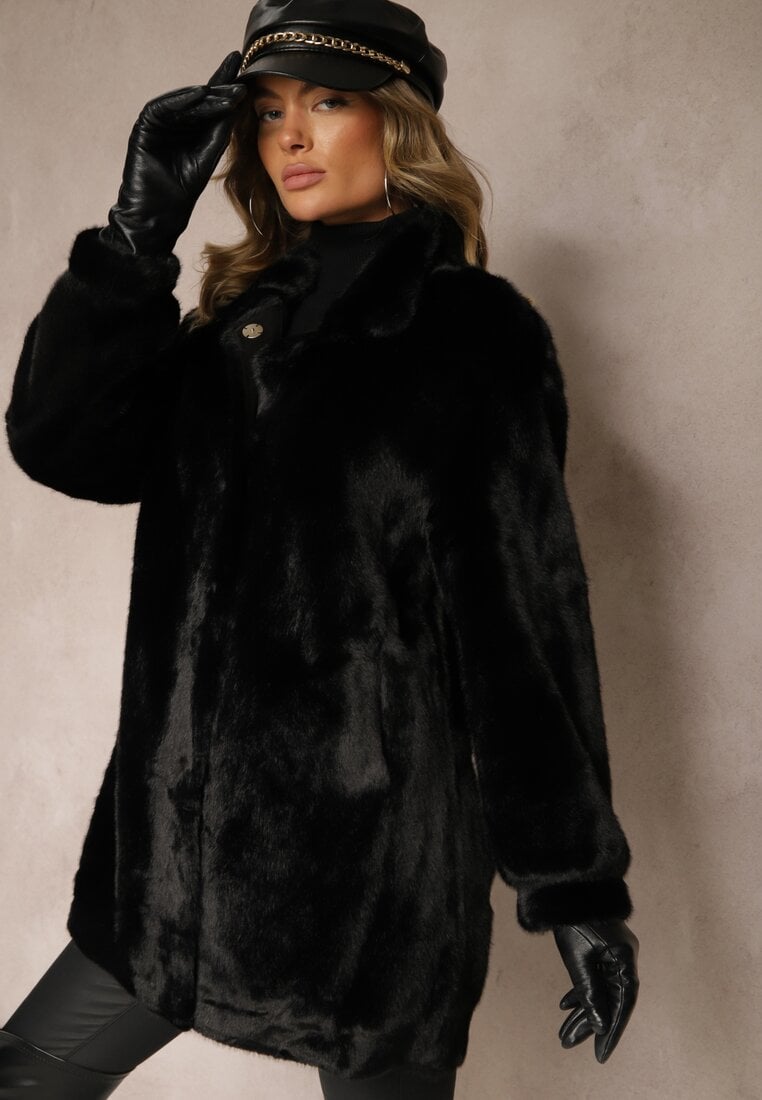 Palton Negru din blană cu croială simplă, cu guler înalt și buzunare Saliratia