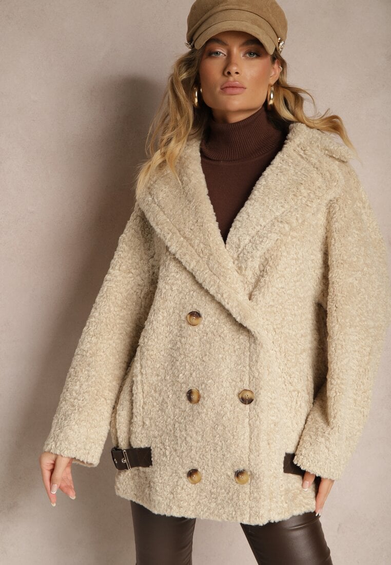 Geacă de blană bej deschis tip mielușel cu curele decorative și închidere la două rânduri Nikira