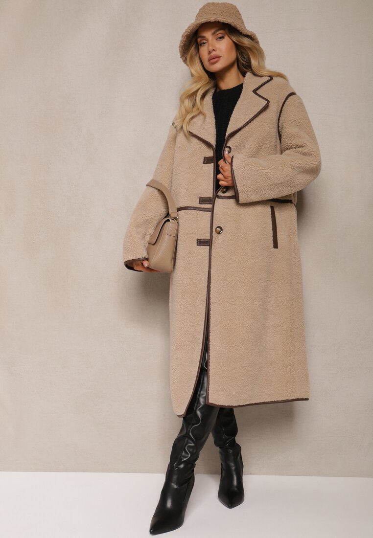 Palton Bej De blană Cu un rând de nasturi Decorat cu cusături Zinneira